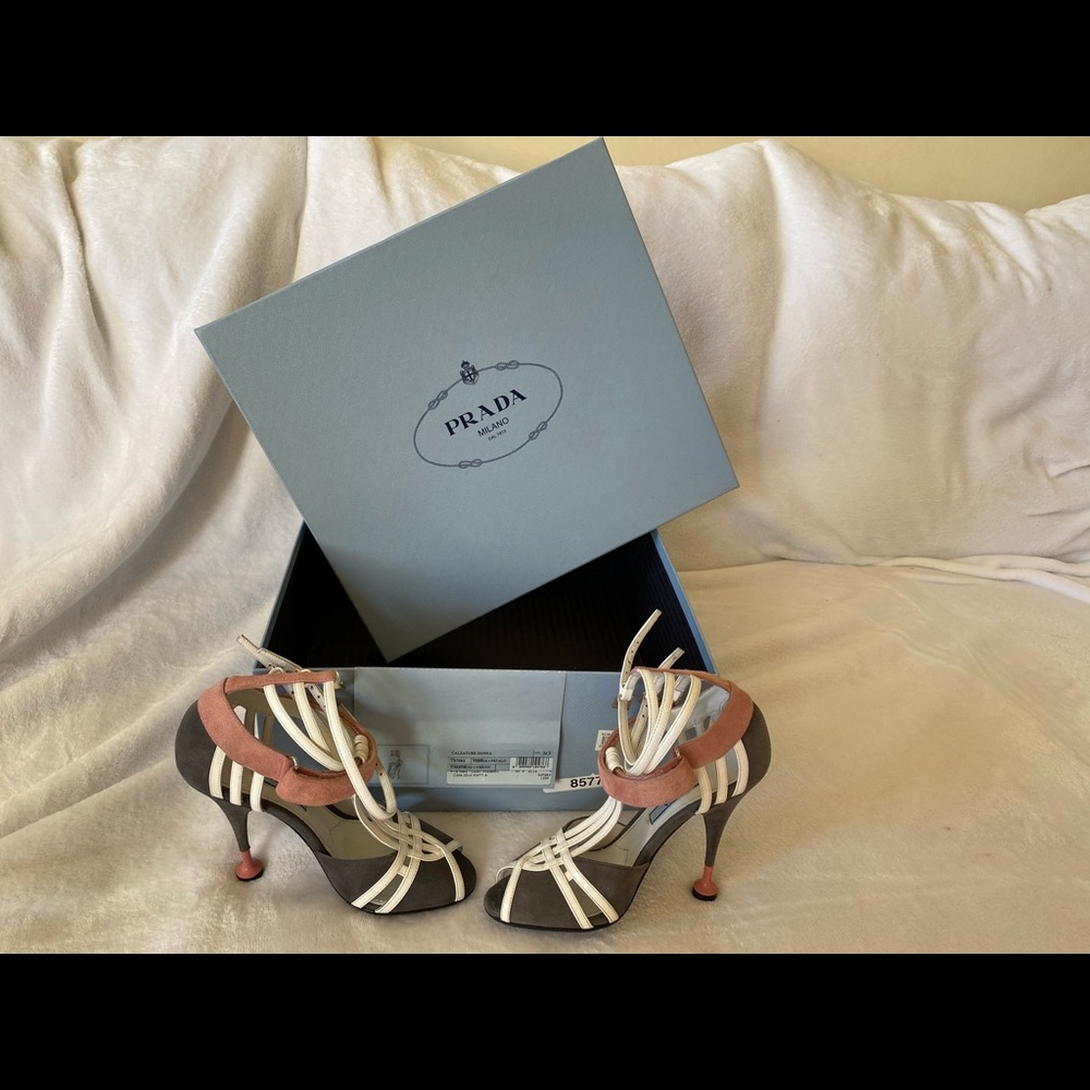Prada Grey/White/Pink Triple Ankle Strappy Sandals